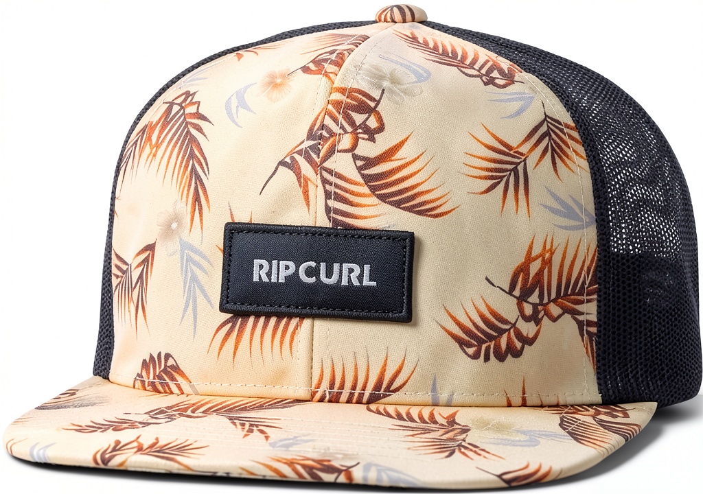 'Rip Curl Cappellino Trucker Combo Palm Leaves indossato in un contesto urbano'